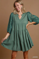 Umgee Lagoon Floral Contrast Sleeve Tiered Dress LAGOON