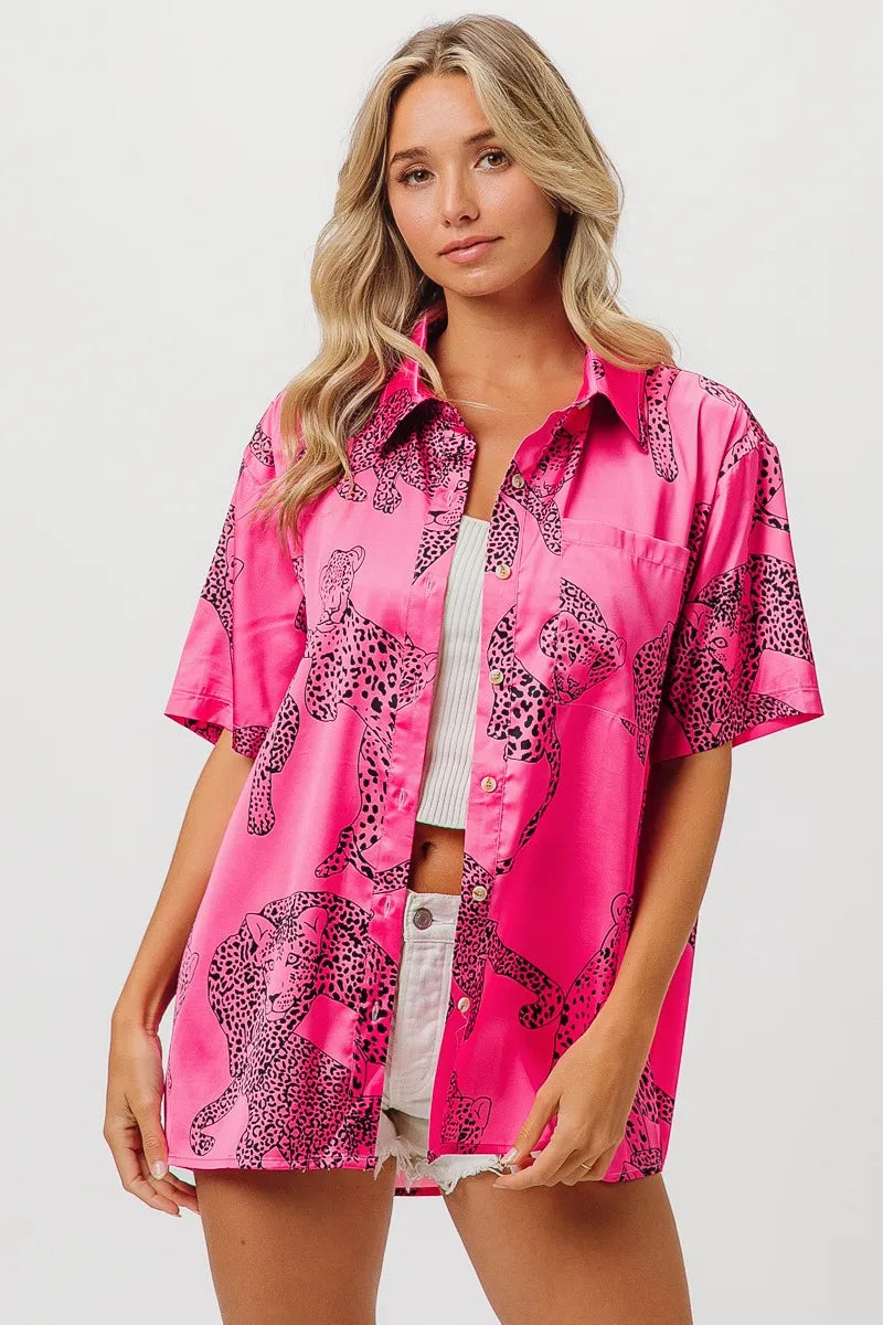 BiBi Fuchsia Leopard Print Short Sleeve Silky Satin Shirt Blouse