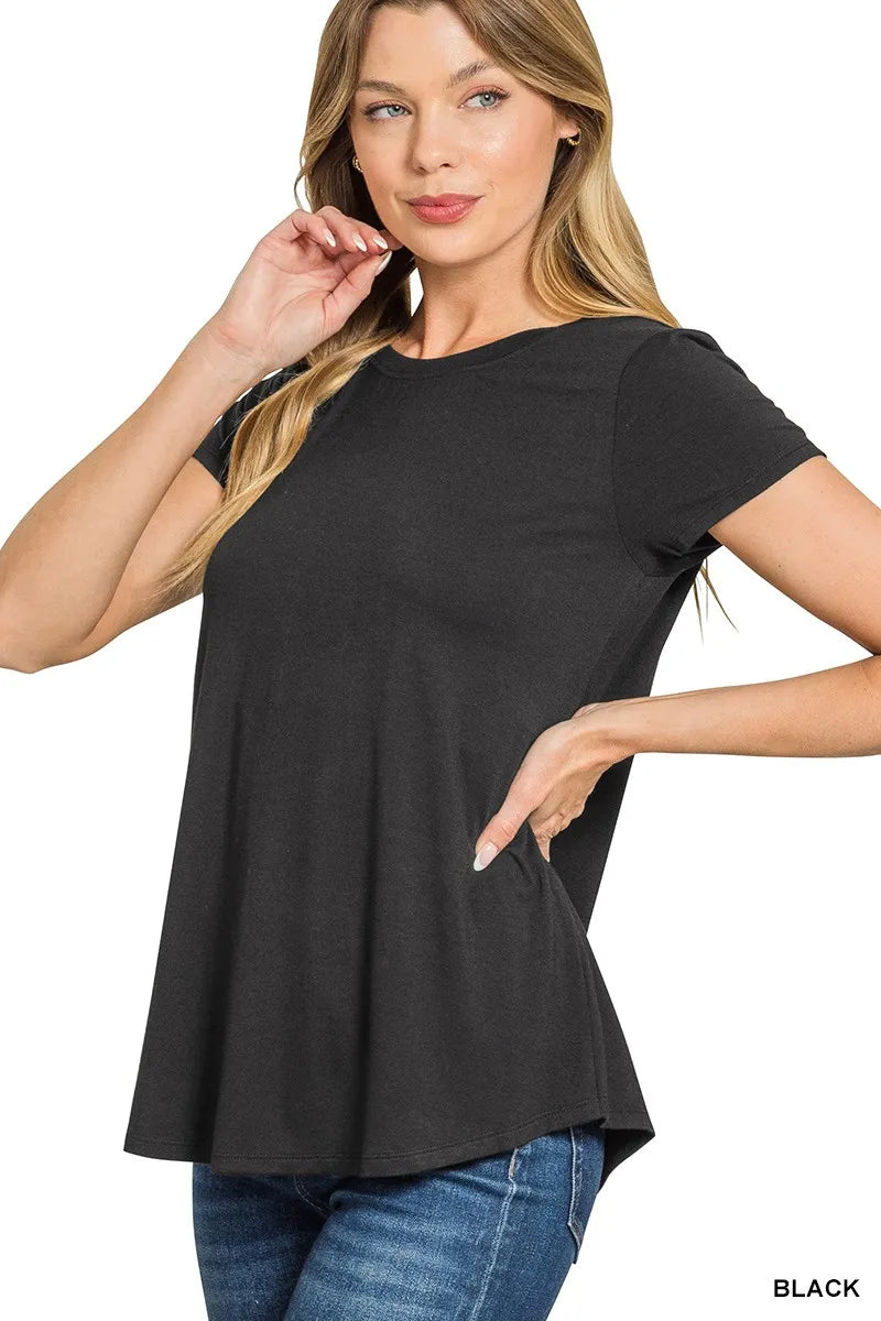 Zenana Black Flowy Round Hem Rayon Short Sleeve T-Shirt