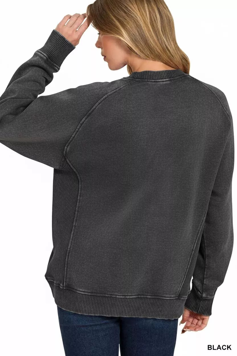 Zenana Black Acid Washed Fleece Sweatshirt with Side Rib