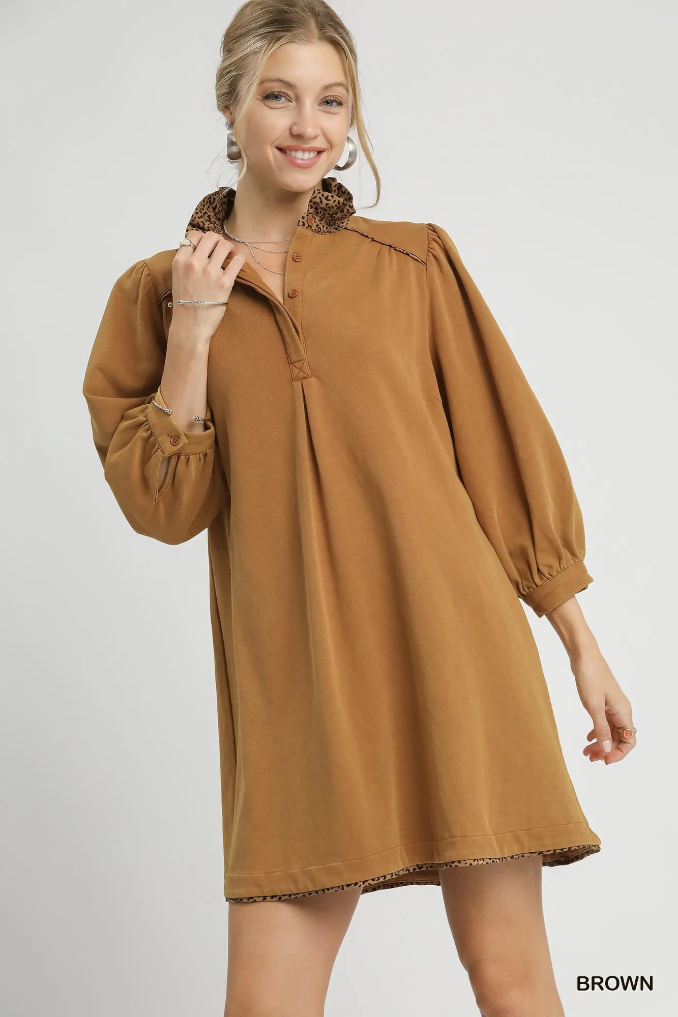 Umgee Brown French Terry Balloon Sleeve Shift Dress with Leopard Print Detail Brown