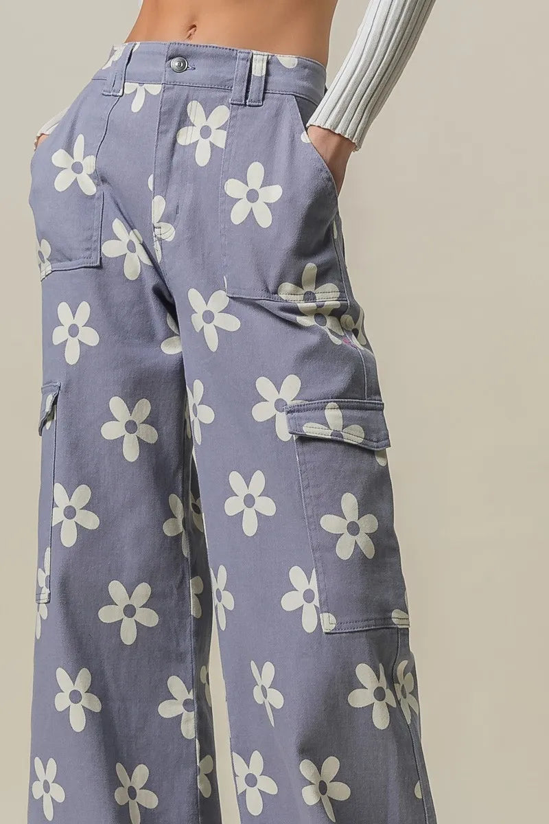 BiBi Dusty Lavender Flower Printed Side Pocket Wide Pants
