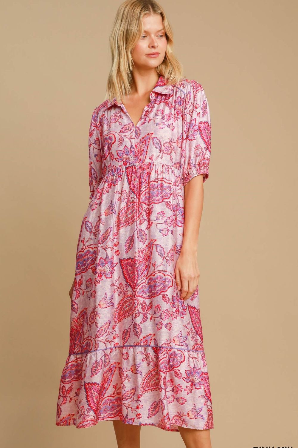 Umgee Pink Mix Ruffled Hem Floral Paisley Print Half Sleeve Midi Dress PINK MIX