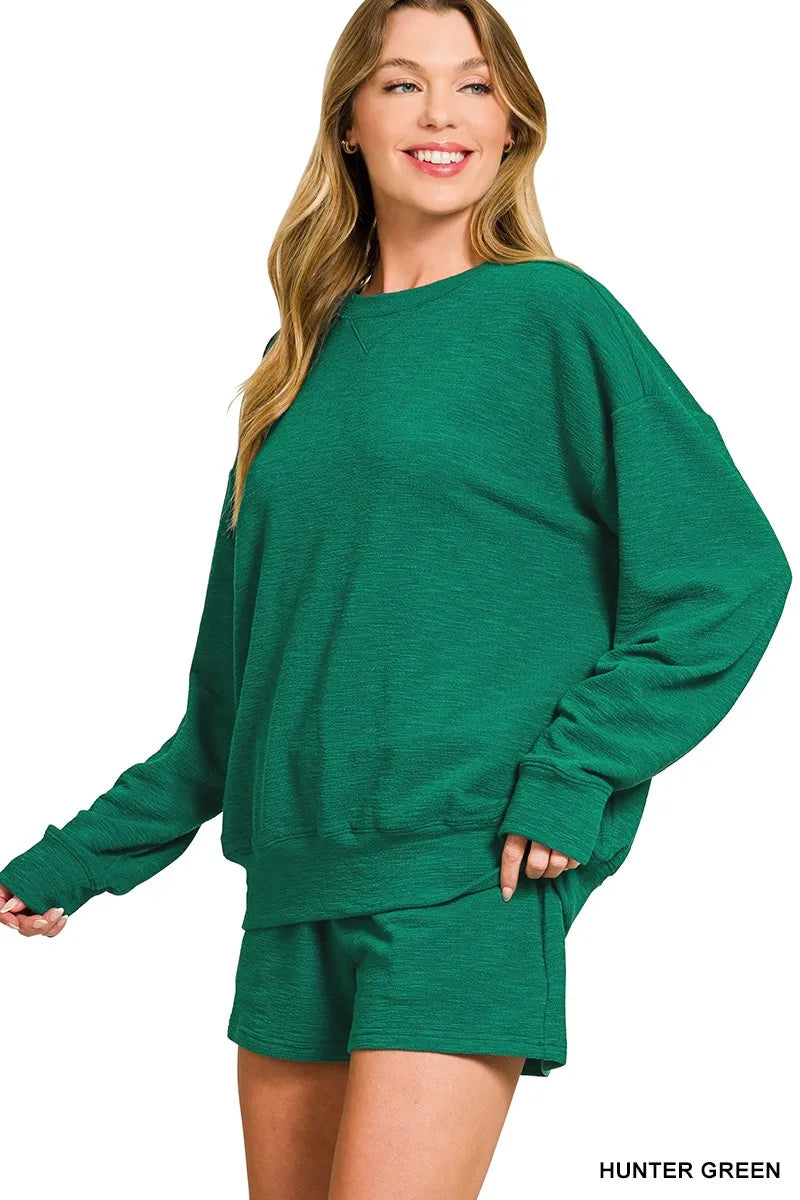 Zenana Hunter Green Slub Long Sleeve Top and Shorts Set
