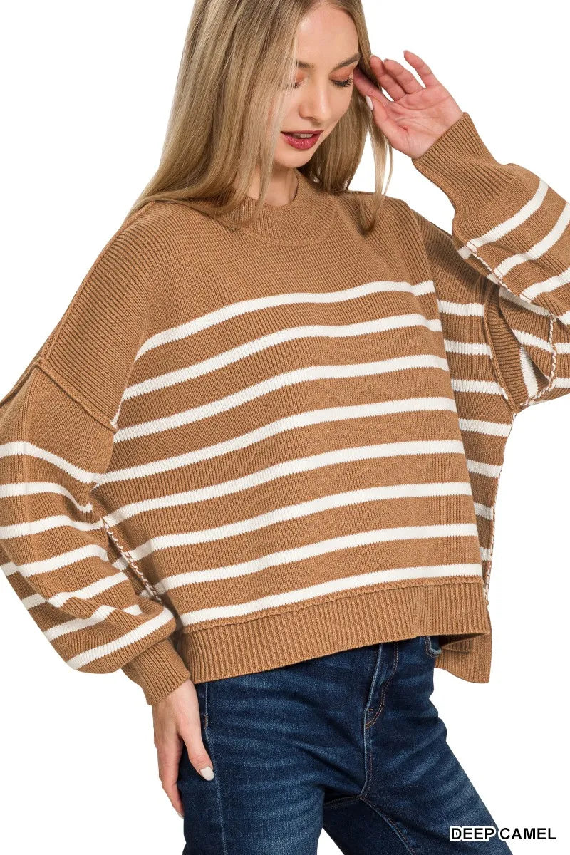 Zenana Deep Camel Exposed Seam Striped Oversized Sweater