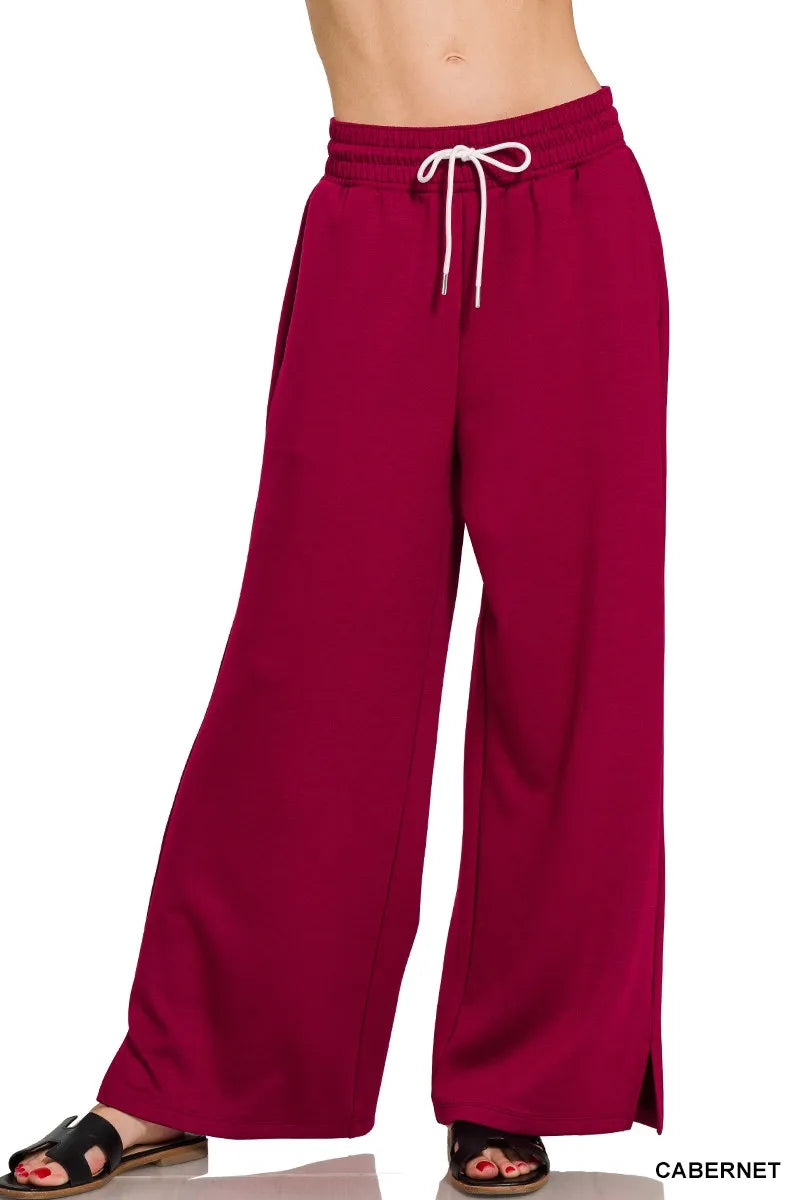 Zenana Cabernet Scuba Drawstring Wide Leg Pants