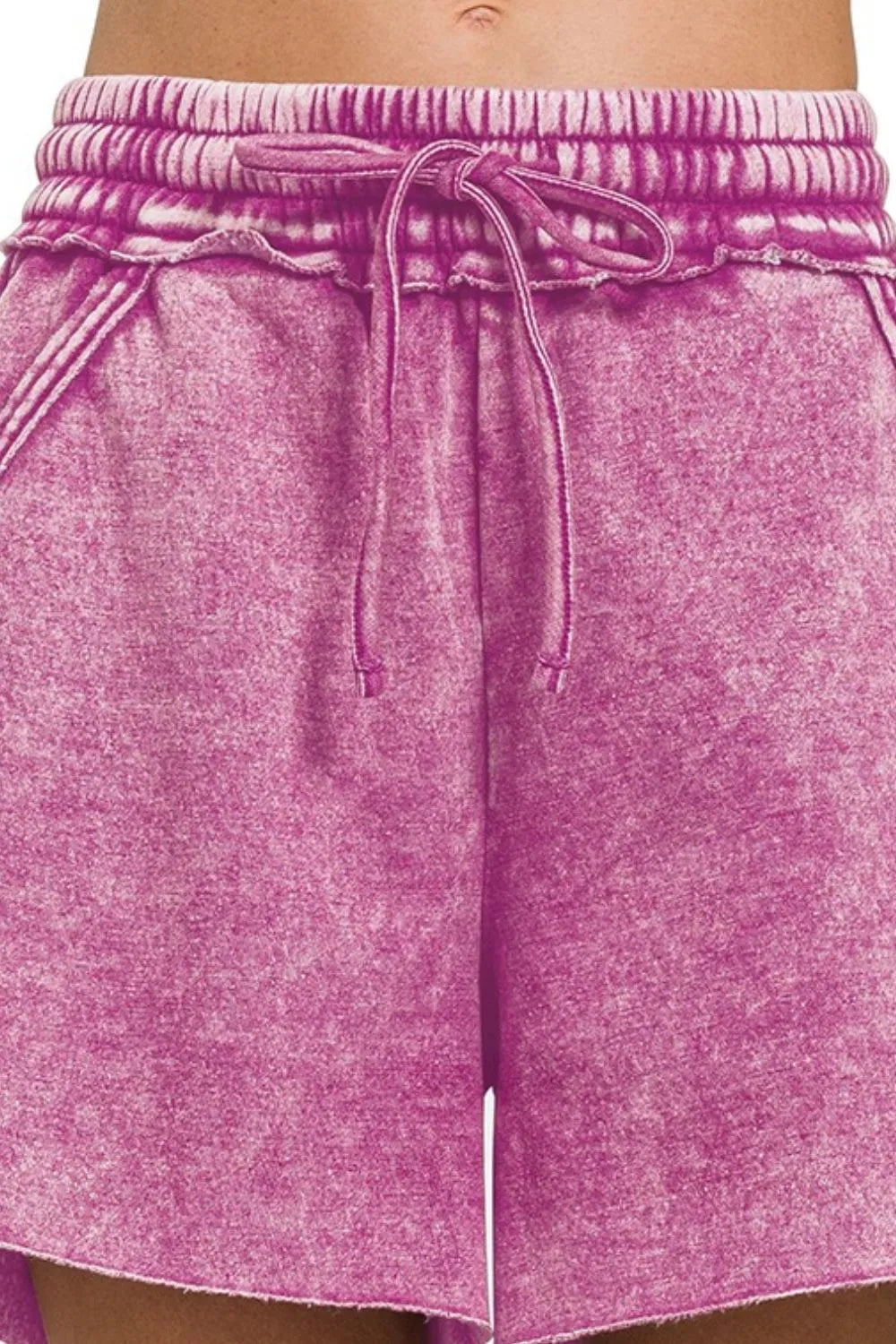 Zenana Light Plum Acid Wash Fleece Drawstring Shorts With Pockets