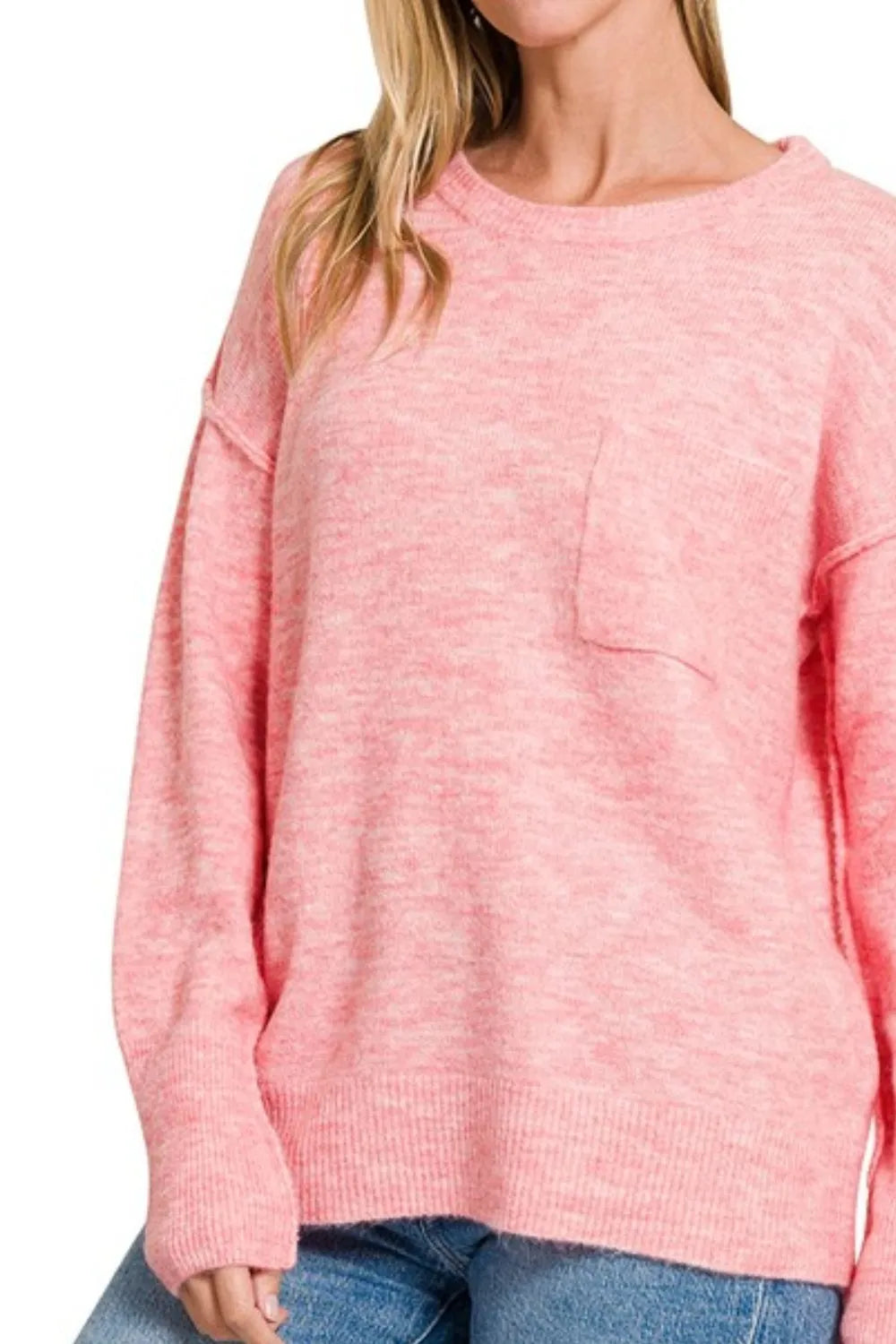 Zenana Heather Dark Pink Melange Hi-low Hem Round Neck Sweater with Front Pocket