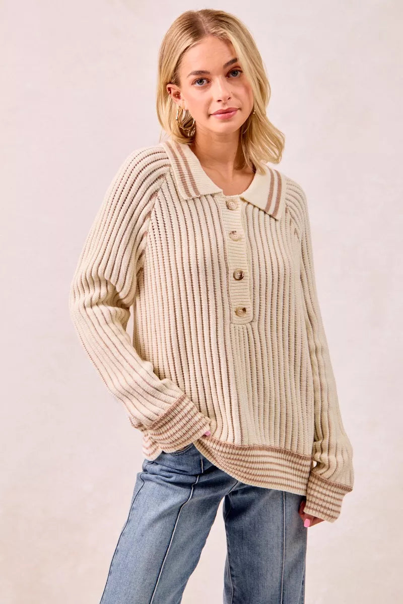 BiBi Cream & Latte Half Button Ribbed Two Tone Sweater CREAM LATTE
