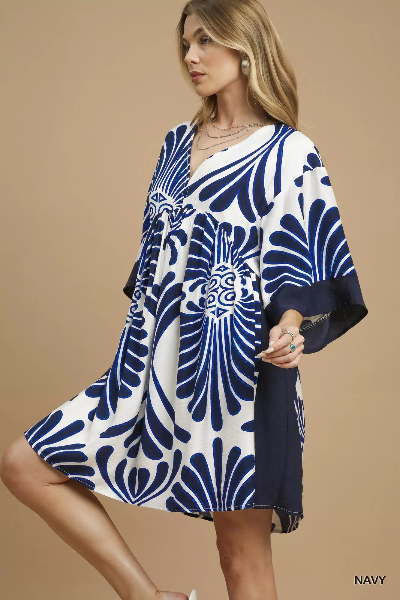 Umgee Navy Abstract Print Kimono Sleeve Mini Dress