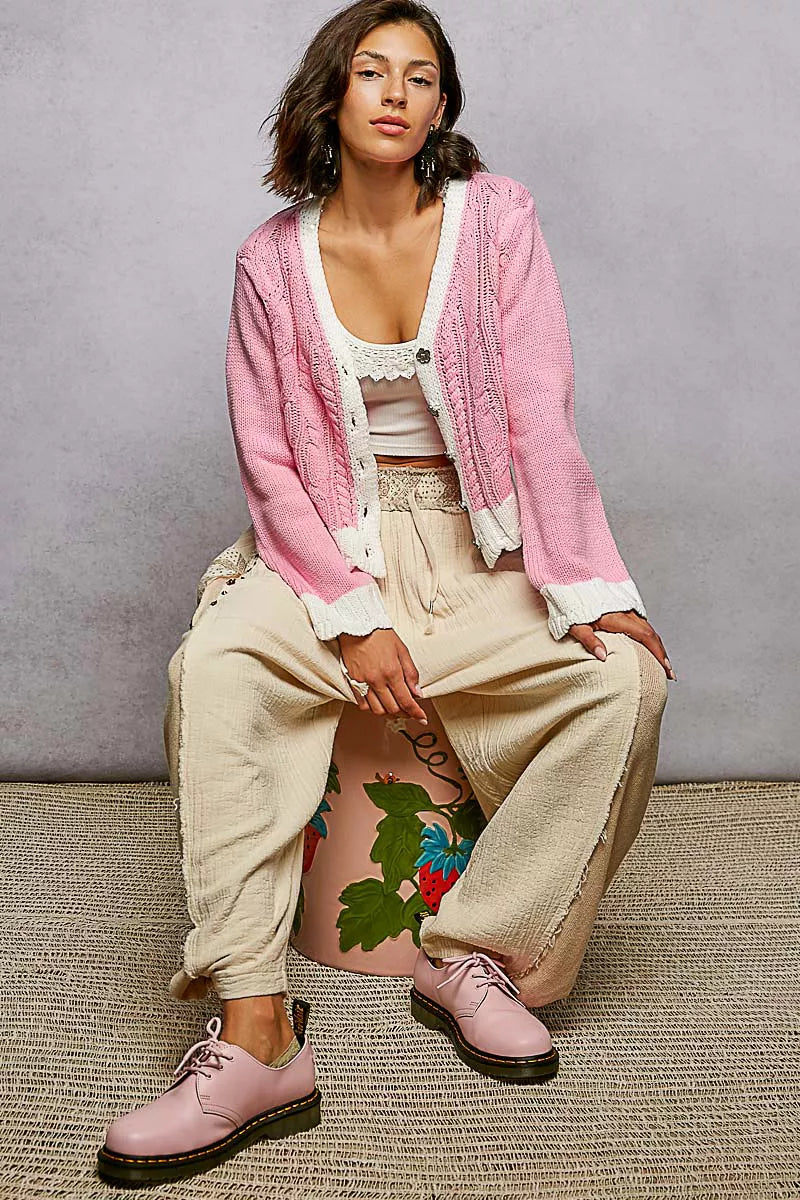POL Baby Pink Button Down Cable-Knit Cardigan with Contrast Border Accents