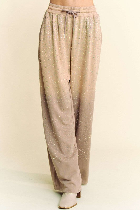Davi & Dani Tan Rhinestone Drawstring Wide Leg Pants Pants