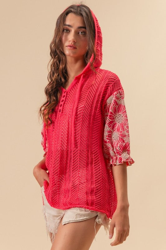 BiBi Taupe Jacquard Flower Puff Sleeve Hooded Knit Top