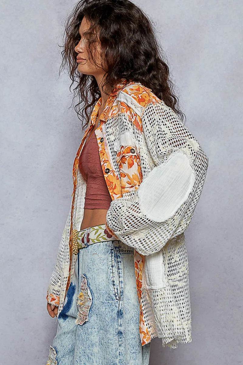 POL Balloon Sleeve Floral Print Crochet Lace Button Up Shirt