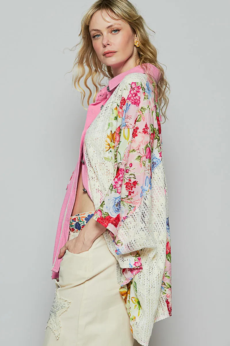 POL Candy Pink Thermal and Crochet Lace Mix Shirt with Floral Pattern