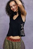 POL Black Star Patch V-Neck Cropped Ribbed Tank Black