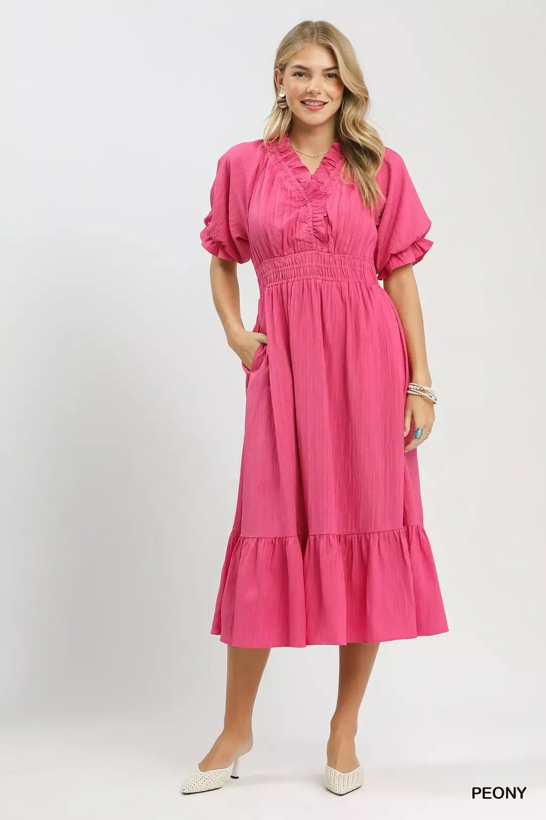 Umgee Peony Ruffle V-Neck Midi Dress PEONY