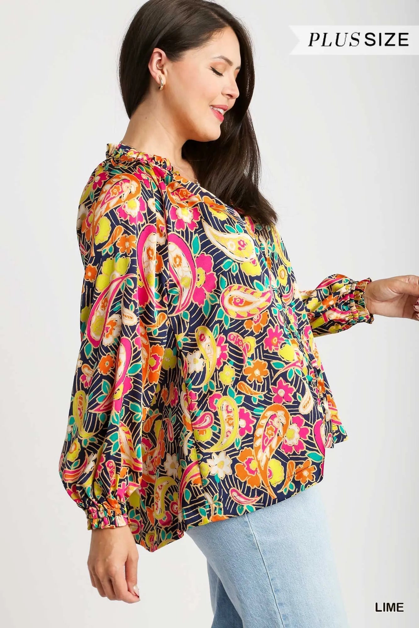 Umgee Lime Satin Paisley Floral Ruffle Neck Button-Up Shirt