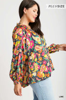 Umgee Lime Satin Paisley Floral Ruffle Neck Button-Up Shirt