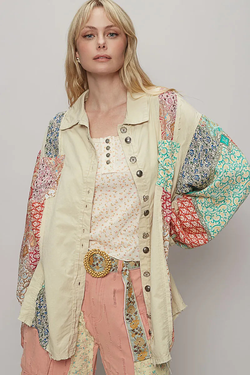 POL Beige Mixed Printed Button Up Long Sleeve Oversized Shirt Beige