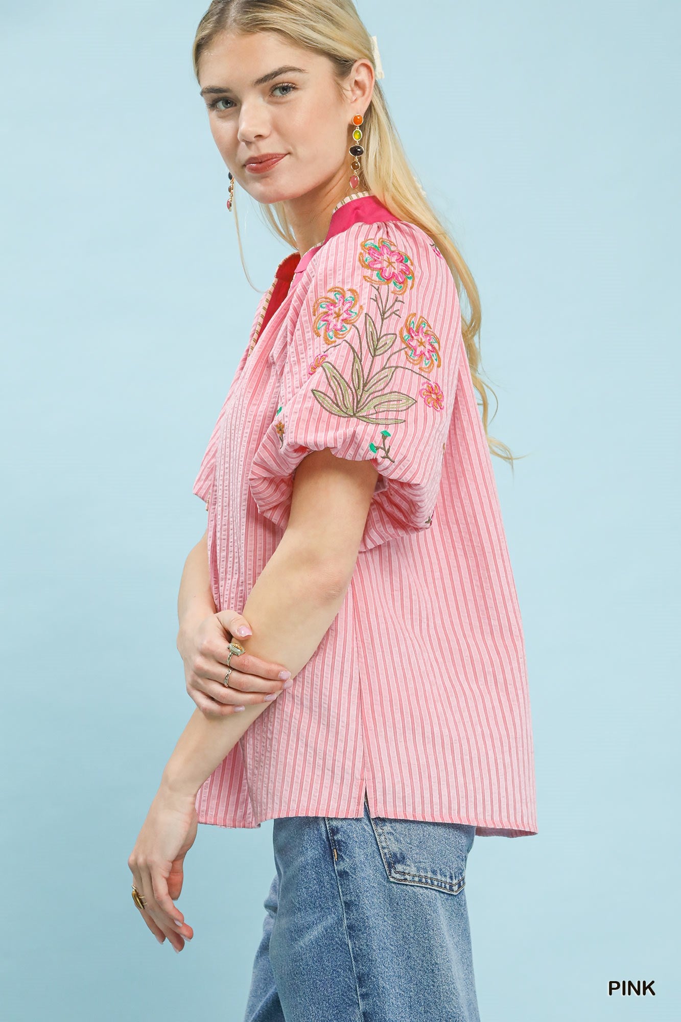 Umgee Pink Embroidered Stripe Top
