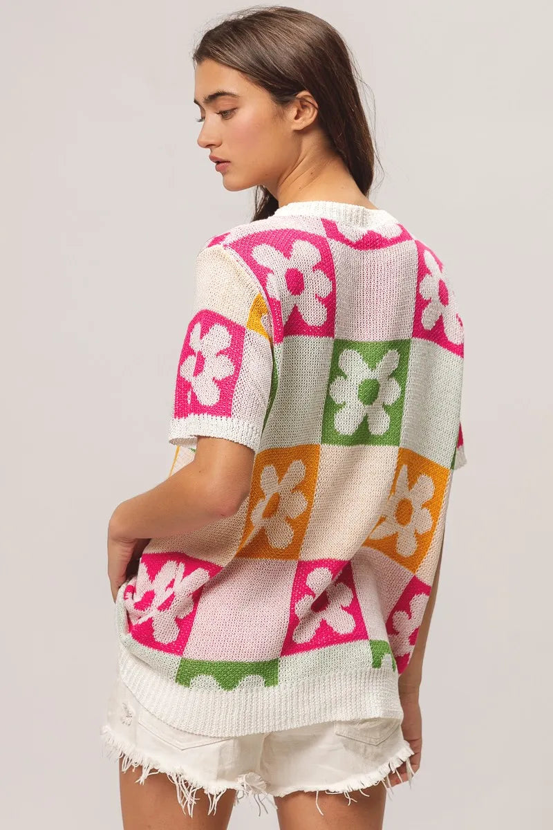 BiBi Multi Color Flower Checker Pattern Lightweight Sweater Top