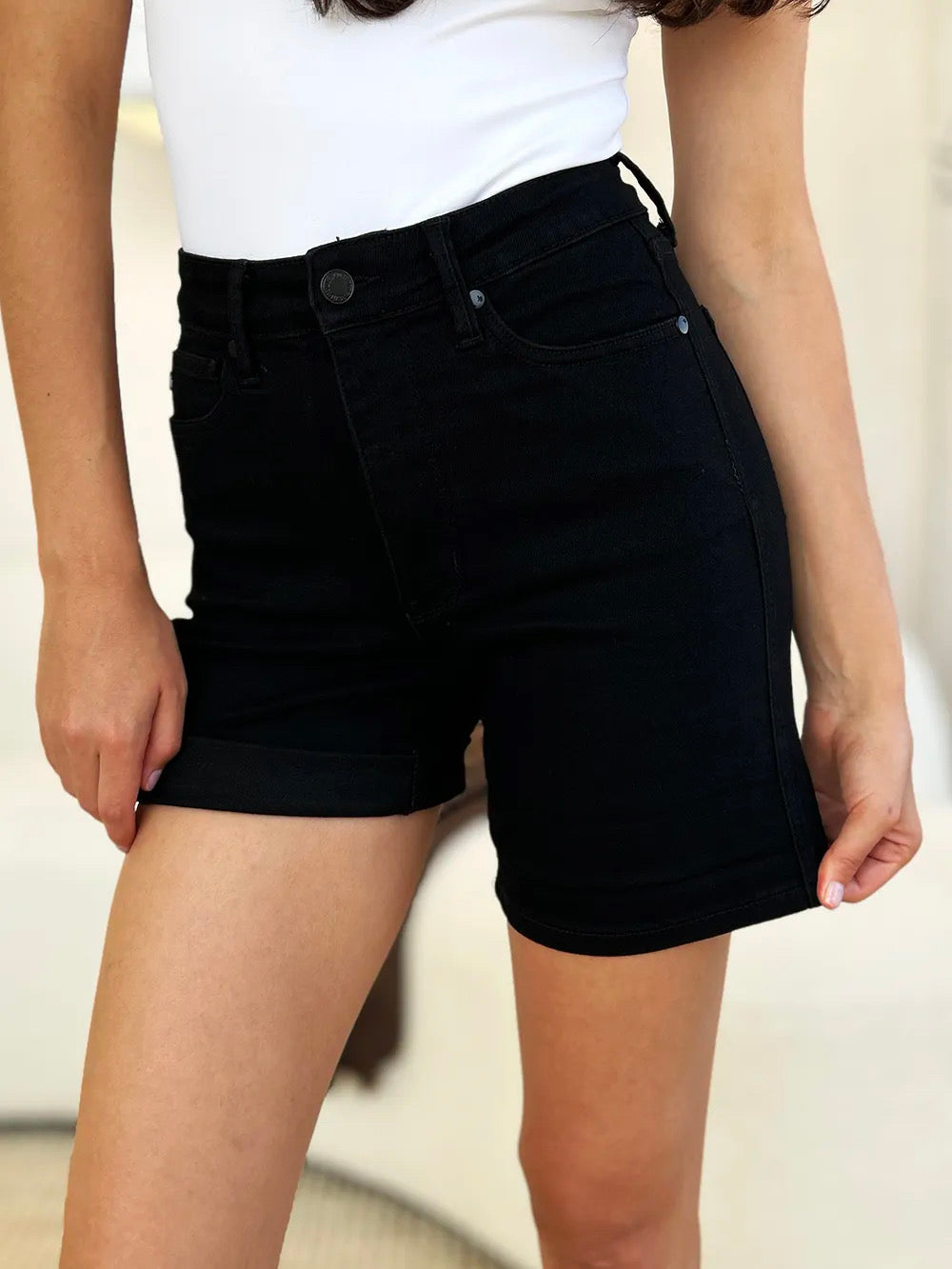 Judy Blue Black High Waist Tummy Control Cuffed Denim Shorts Shorts