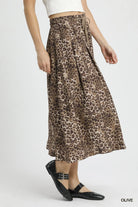 Umgee Olive Drawstring Leopard Midi Skirt
