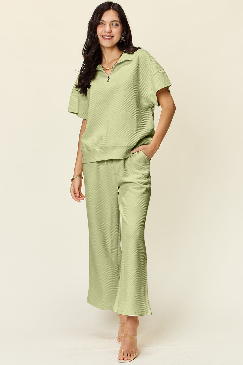 Double Take Quilted Textured Half Zip Short Sleeve Top and Pants Set Mist Green Outfits