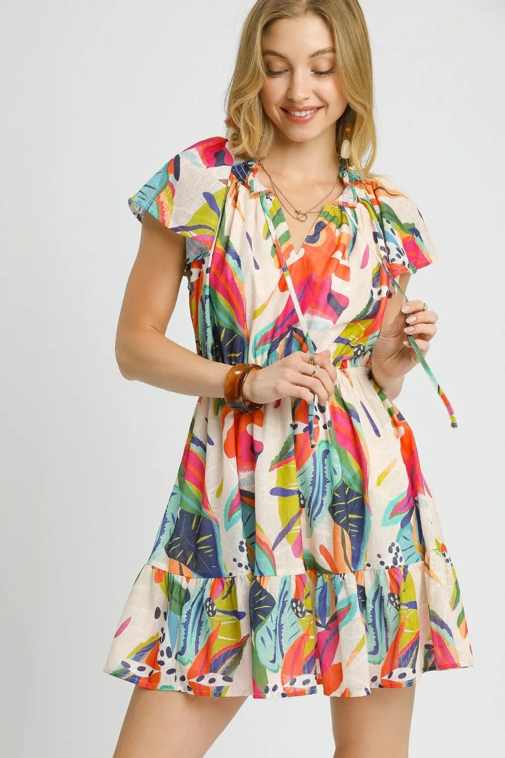 Umgee Orange Mix Tropical Printed Tie Neck Ruffled Hem Dress