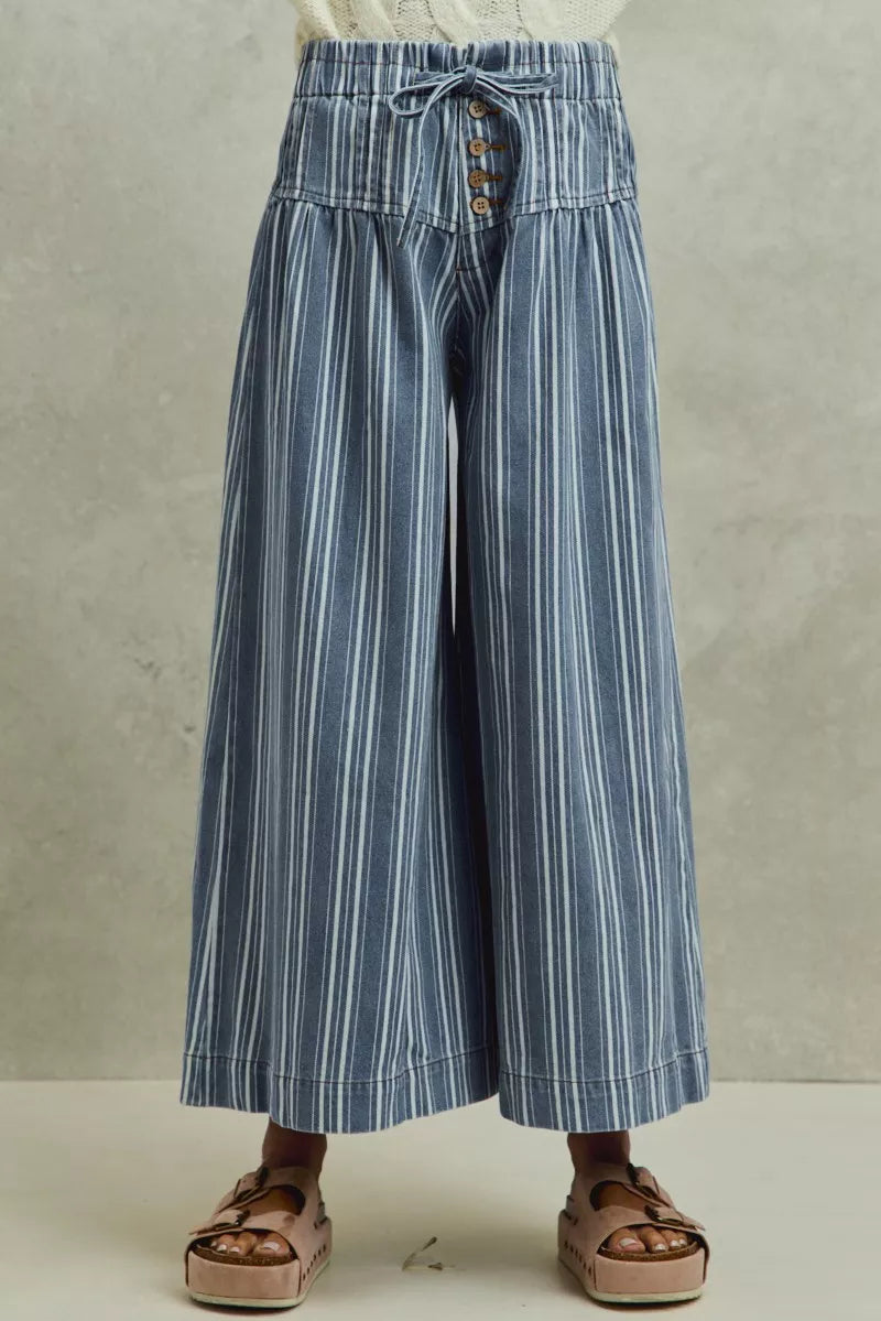 SO ME Mid Rise Stripe Denim Washed Pleat Wide Leg Pants Denim