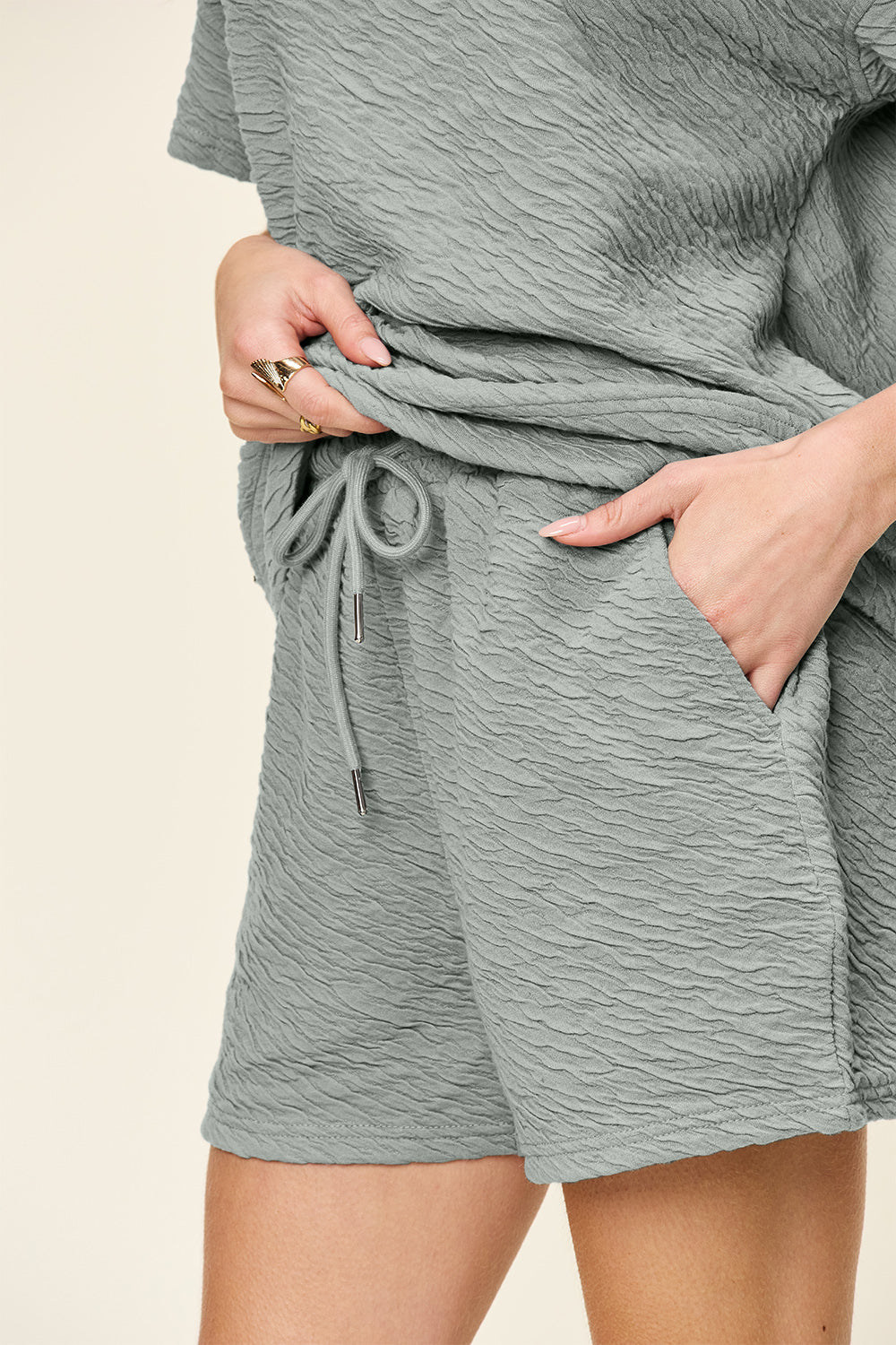 Double Take Wavy Textured Short Sleeve T-Shirt and Drawstring Shorts Set Sets