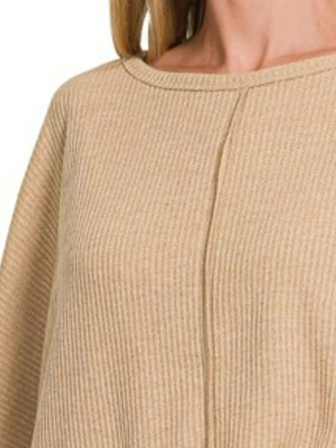 Zenana Beige Ribbed Center Seam Dolman Sleeve Hi Low Sweater