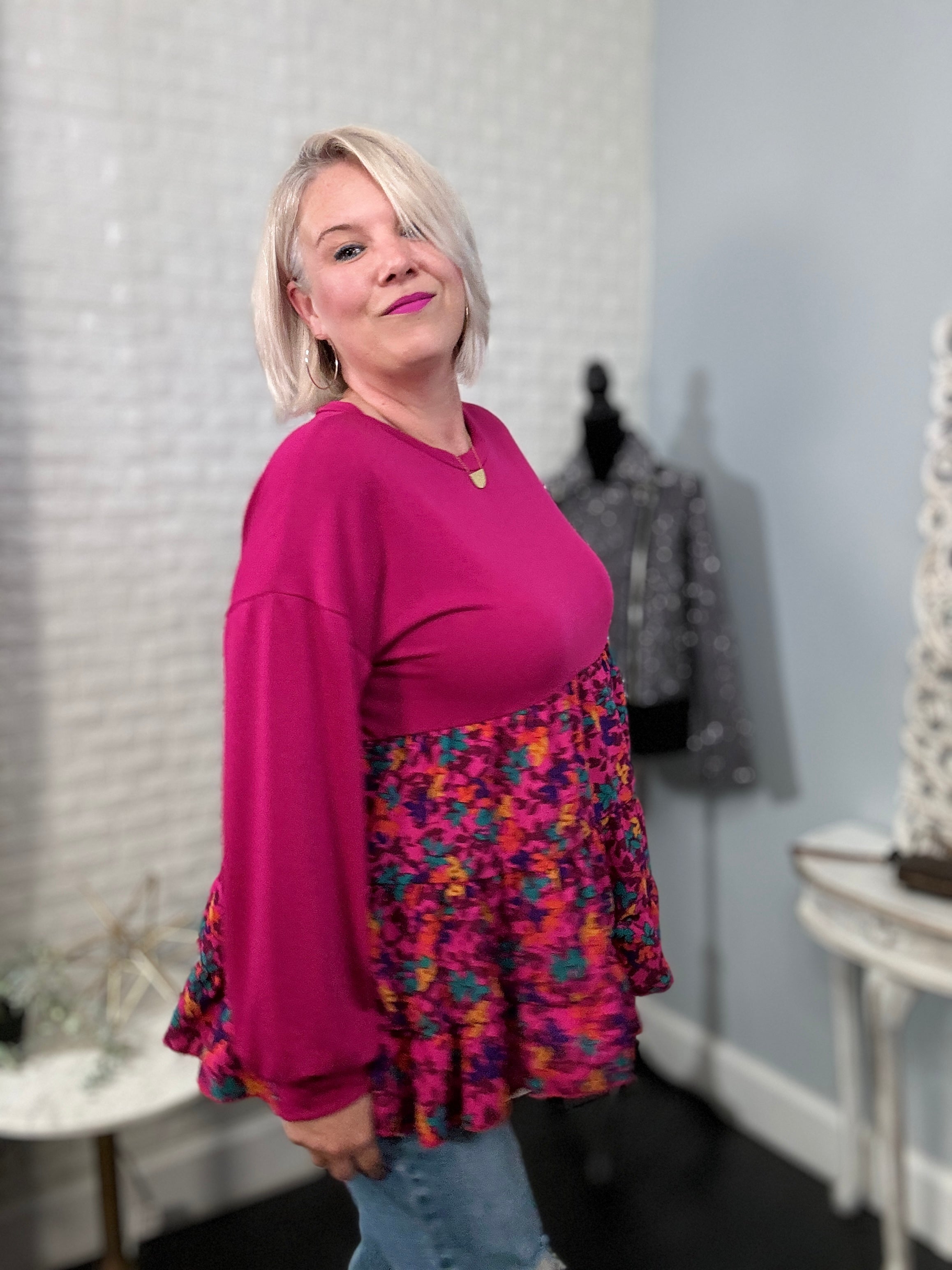Haptics Berry Drop Shoulder Long Sleeve Babydoll Twofer Top