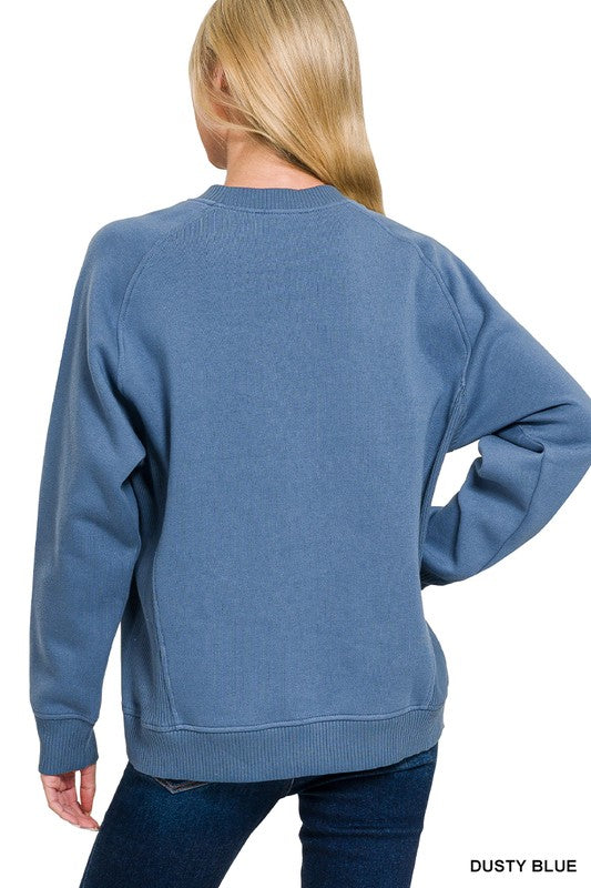 Zenana Ash Blue Fleece Round Neck Ribbed Side Raglan Sweatshirt