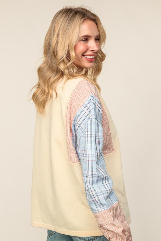 Haptics Solid Pullover Knit Top with Plaid Sleeves – Oatmeal/Blush/Blue