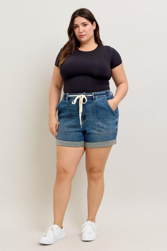Judy Blue Dark Washed High Rise Cargo Cuff Denim Shorts