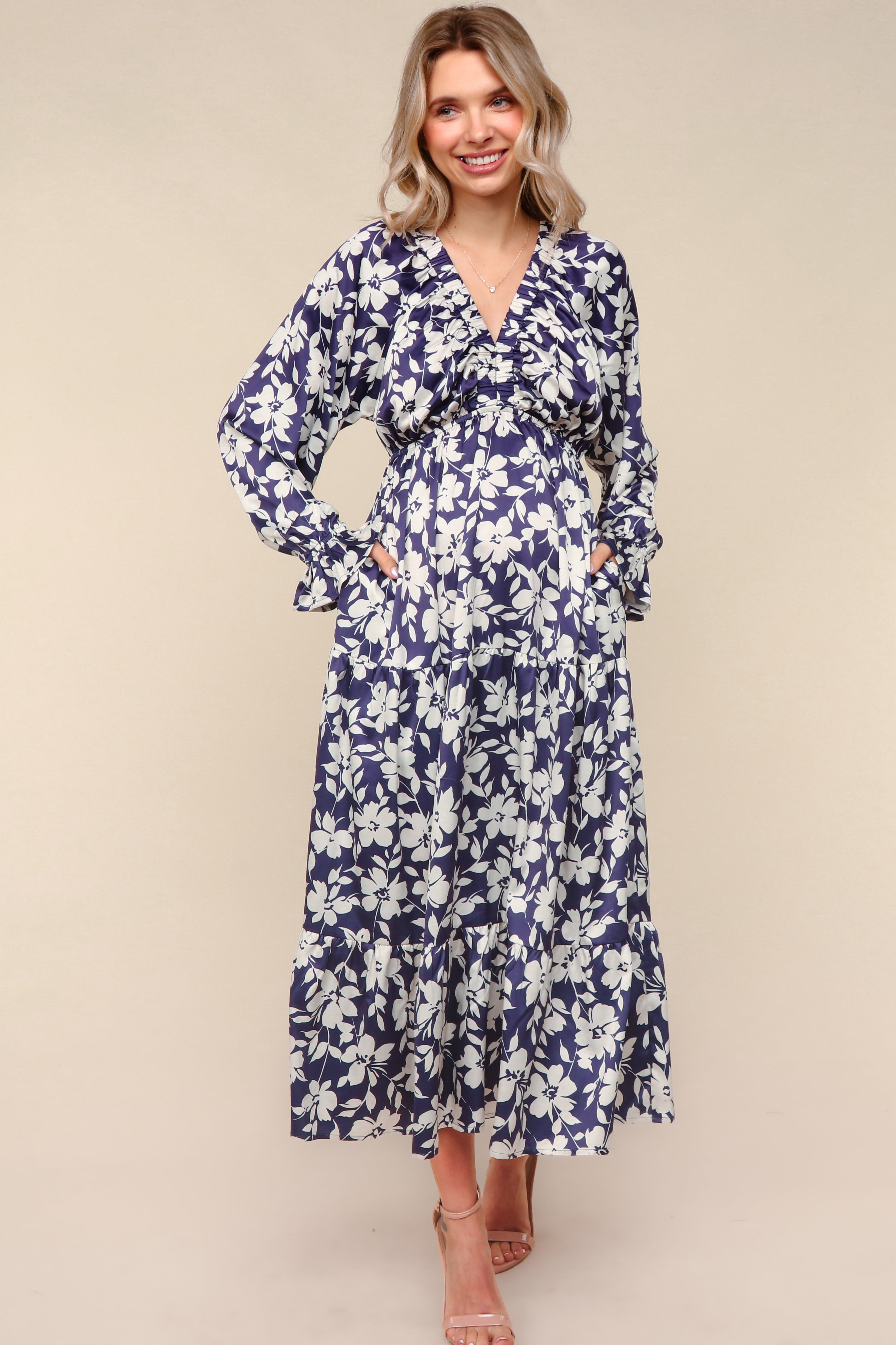 Haptics Navy Satin Floral Tiered Babydoll Maxi Dress
