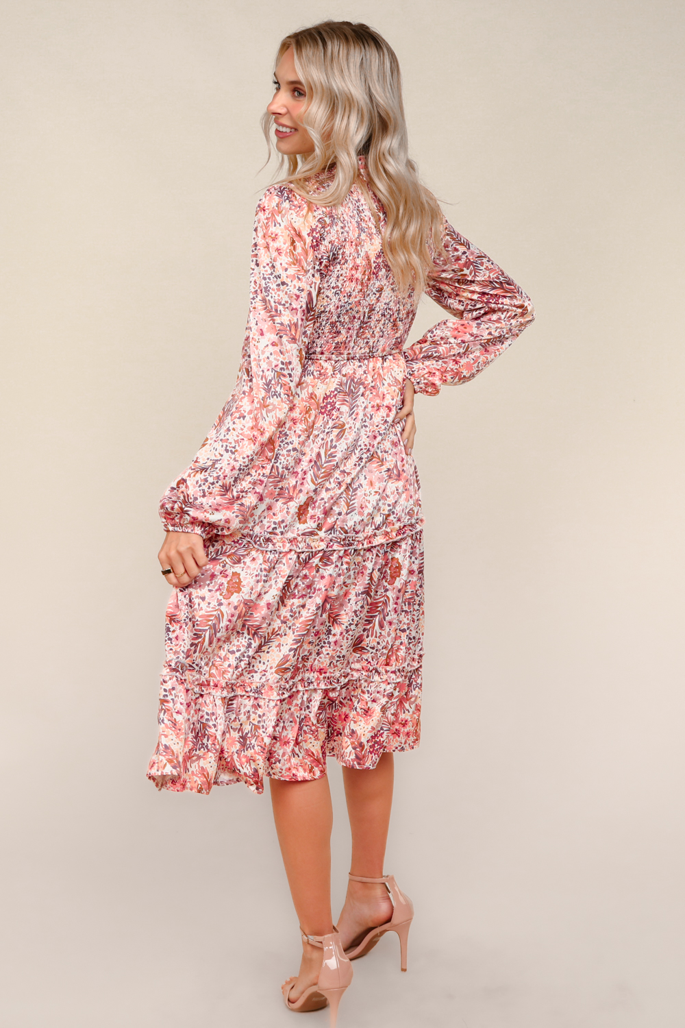 Haptics Midi Satin Floral Tiered Dress with Side Pockets