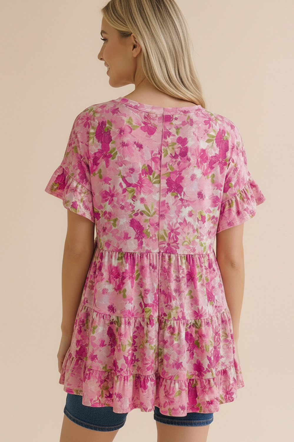 Haptics Fuchsia Frill Hem Babydoll Tiered Swing Floral Top