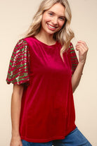 Haptics Red & Green Sequin Puff Sleeve Velvet Top Shirts & Tops