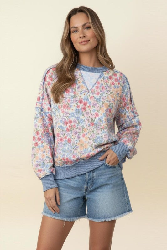 Haptics Triangle Oversized Long Sleeve Floral French Terry Top – Denim/Ivory