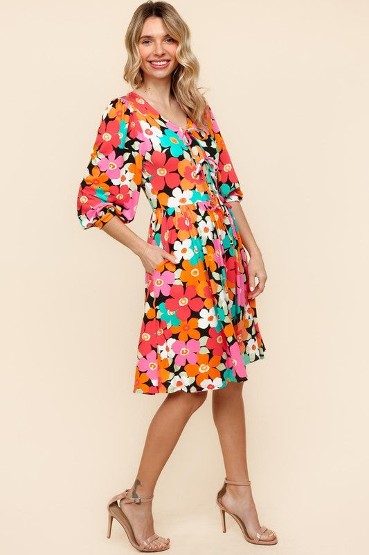 Haptics Little Bold V-Neck Ribbon Bow Detail Floral Knit Dress Womens