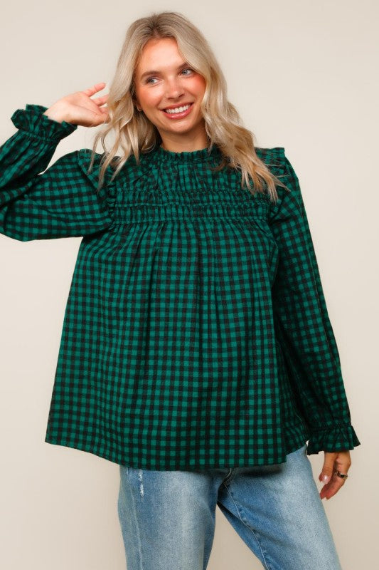 Haptics Green Frilled Mock Neck Gingham Check Woven Blouse