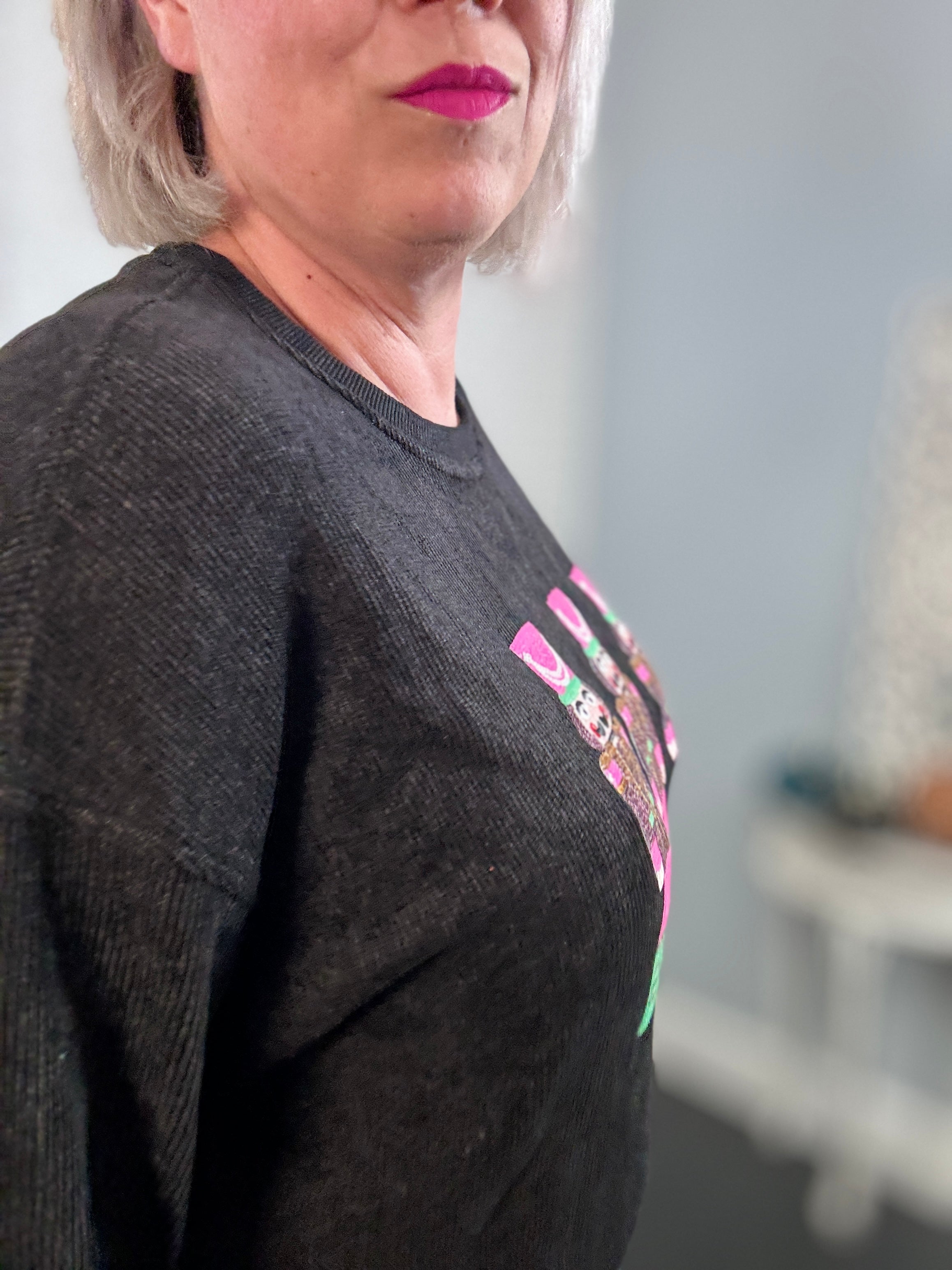 Ruby Idol Pink Sequin Nutcracker Ribbed Round Neck Long Sleeve Sweatshirt Shirts & Tops