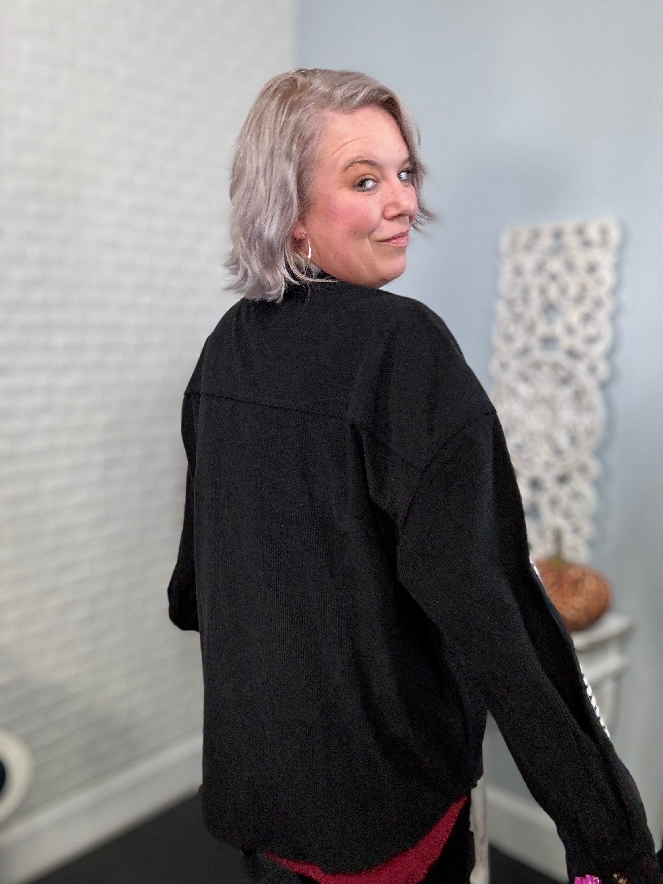 Preorder: Ruby Idol Sequin Football Black Button Up Long Sleeve Corduroy Jacket Shirts & Tops