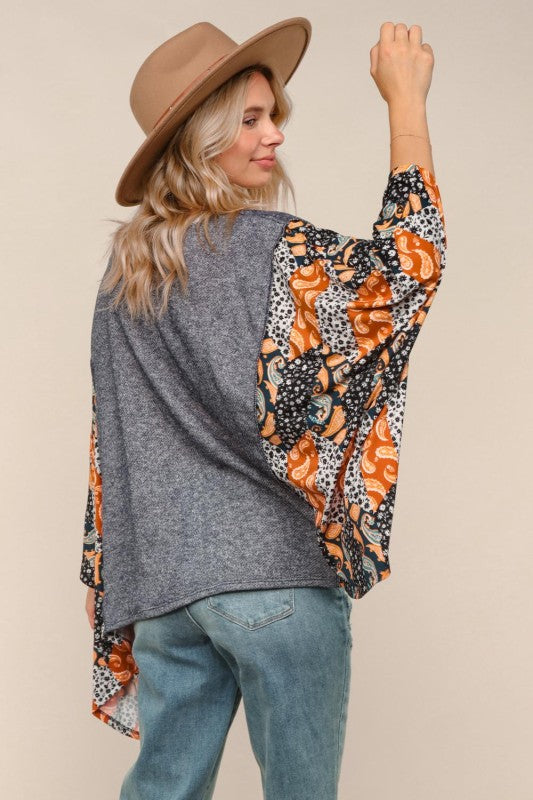 Haptics Two-tone Paisley French Terry Poncho Top
