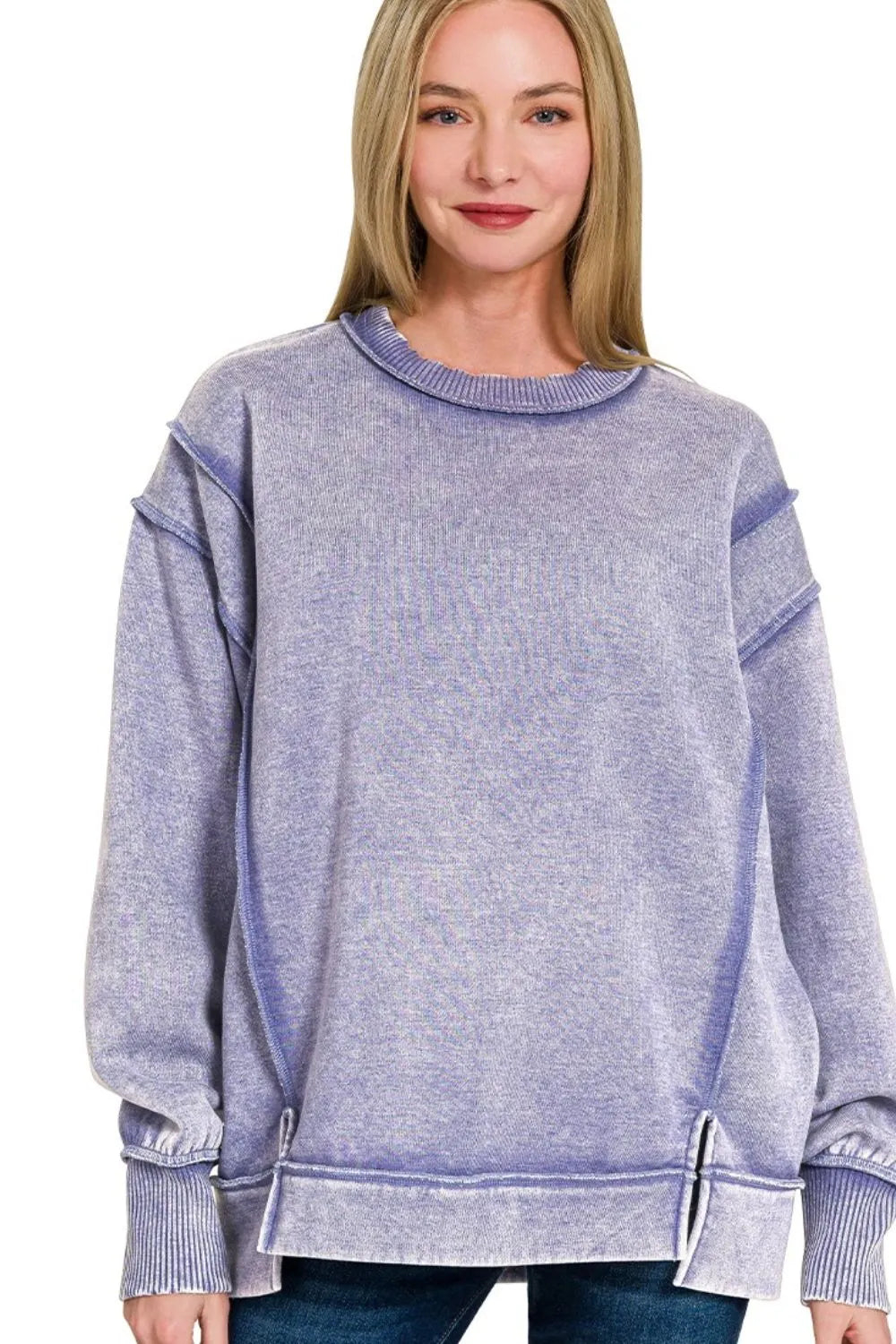 Zenana Marlin Acid Wash Exposed-seam Fleece Sweatshirt MARLIN