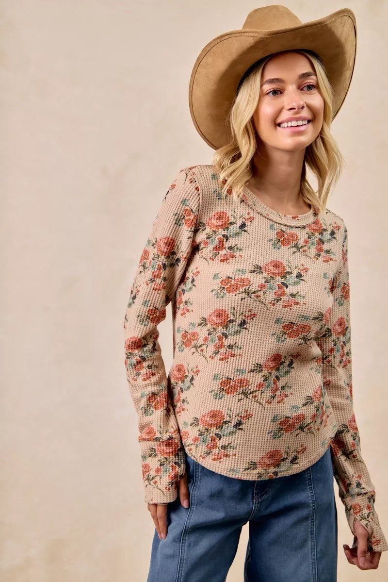 BiBi Taupe Floral Print Washed Waffle Thermal Top with Thumb