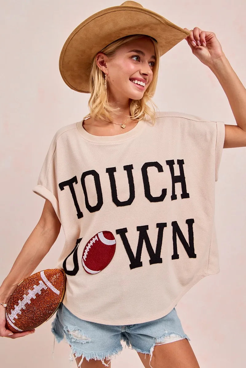 BiBi Oatmeal & Black Game Day Touchdown Letter Patches Waffle Short Top OATMEAL BLACK
